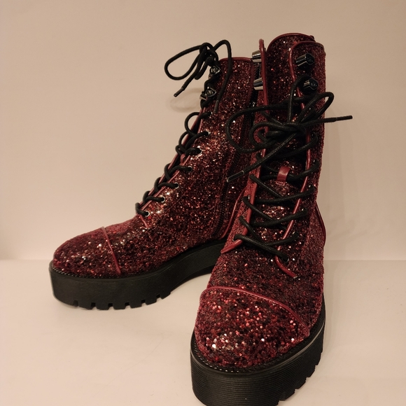 MICHAEL Michael Kors Bryce Lug Sole Combat Boots In Dark Berry Glitter Size 6.5 - Picture 3 of 11